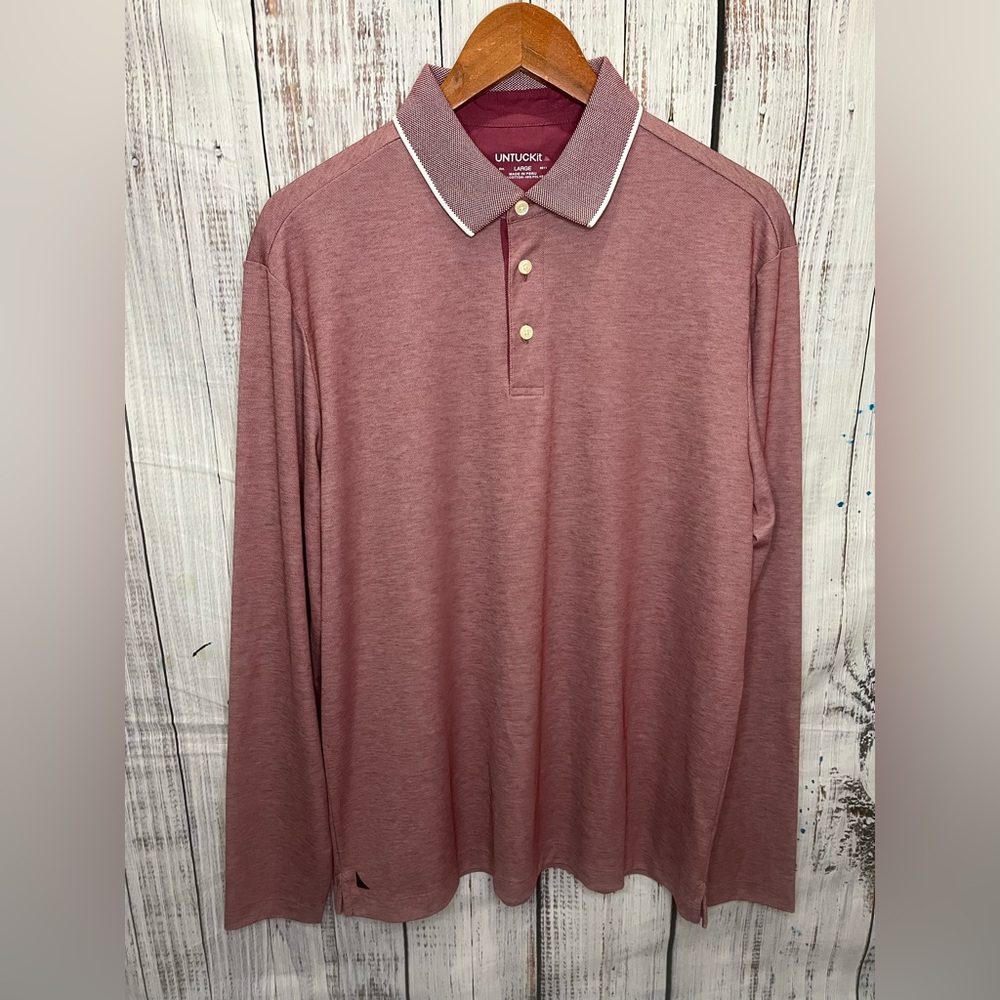 Untuck It Men's Polo Shirt Collared Long Sleeve Solid Pima Cotton Red Size Large